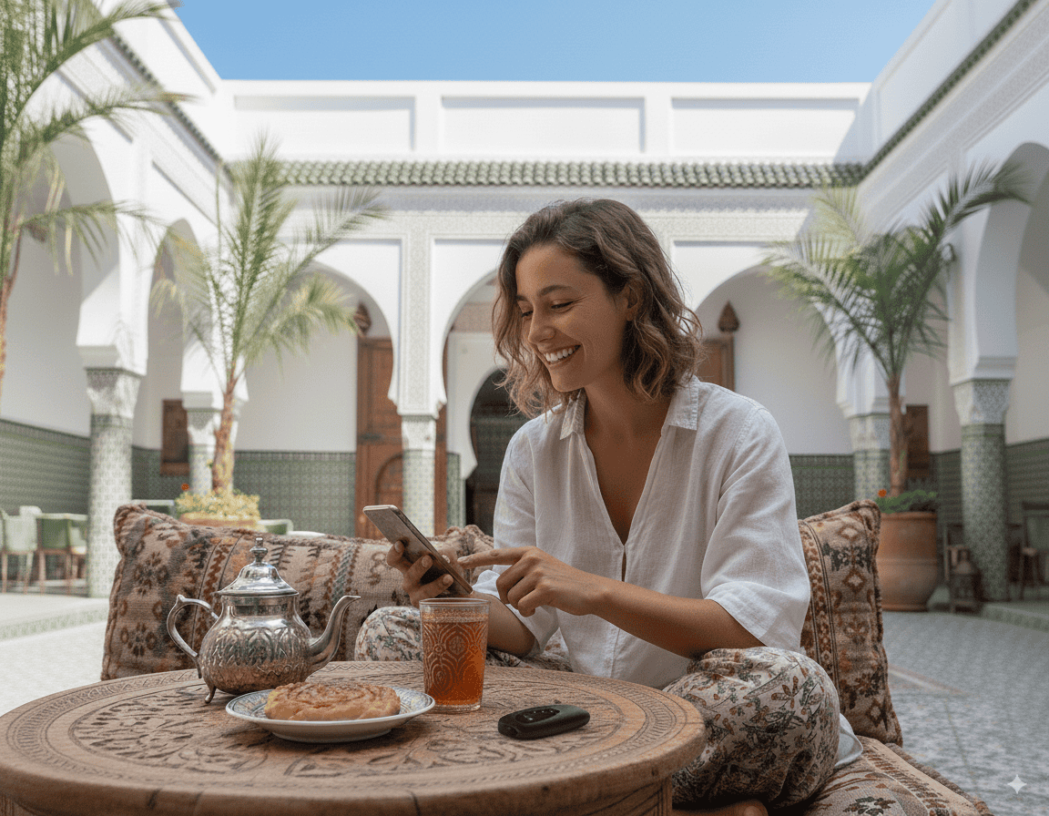 Woman in riad using her pocket Wi-Fi in Morocco.