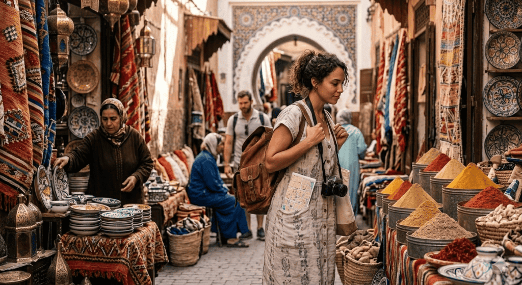 A vibrant Moroccan marketplace with colorful textiles and spices, showcasing local culture and shopp.