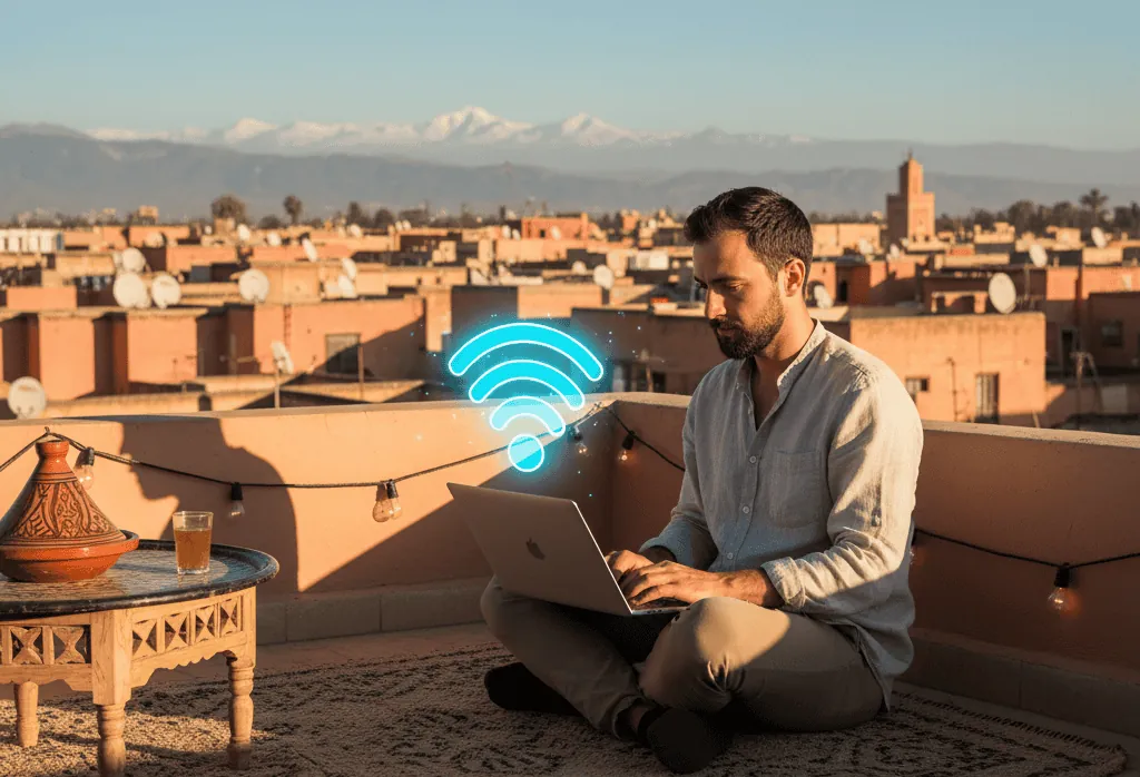 Man using portable Wi-Fi device on a Moroccan rooftop with city and mountains in background.