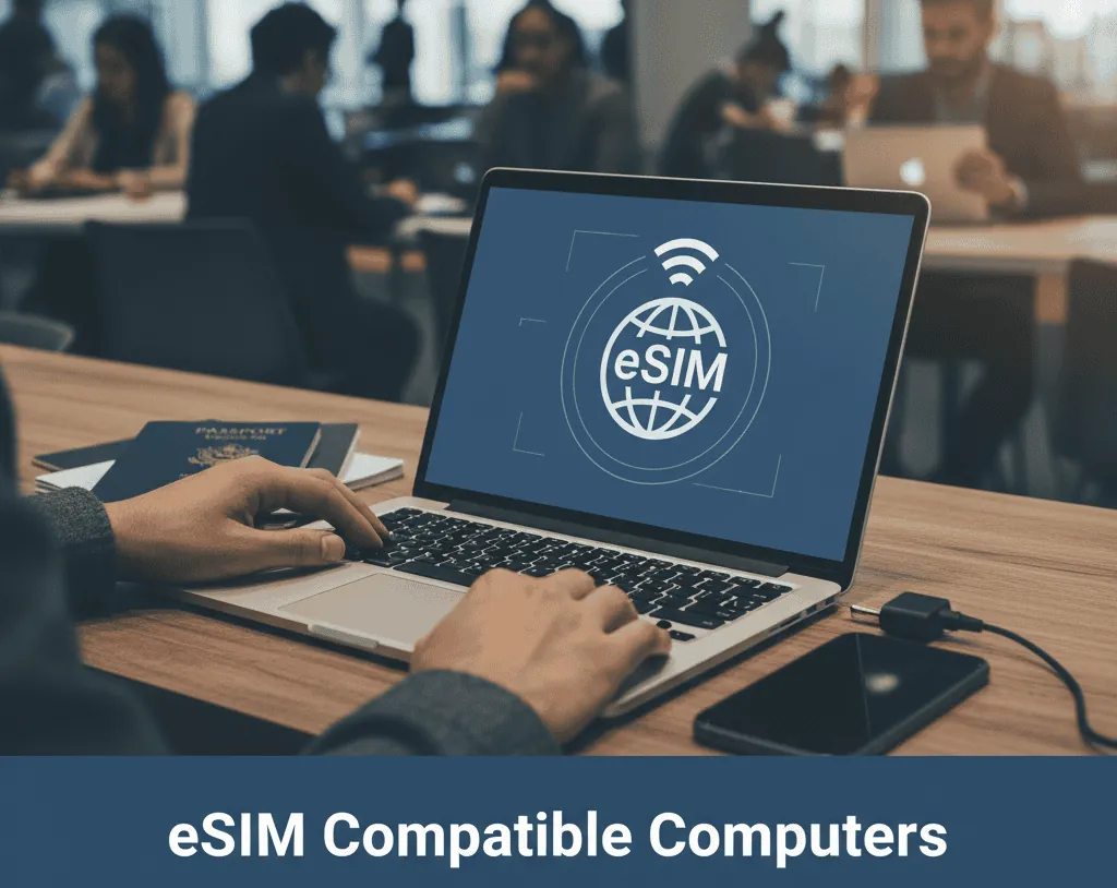Laptop displaying eSIM technology for travel-ready computers in a busy workspace.