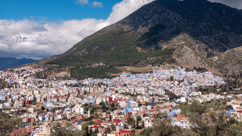 Panorama of Chefchaouen, the blue city of northern Morocco, below the Rif mountains