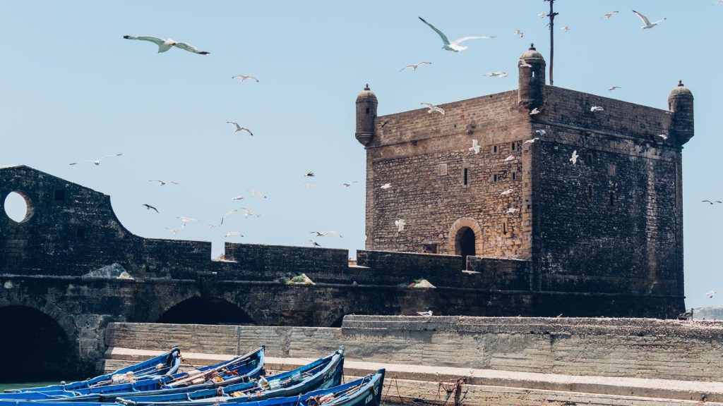 A scenic view of the Essaouira citadel with seagulls in flight and boats docked at the harbor.