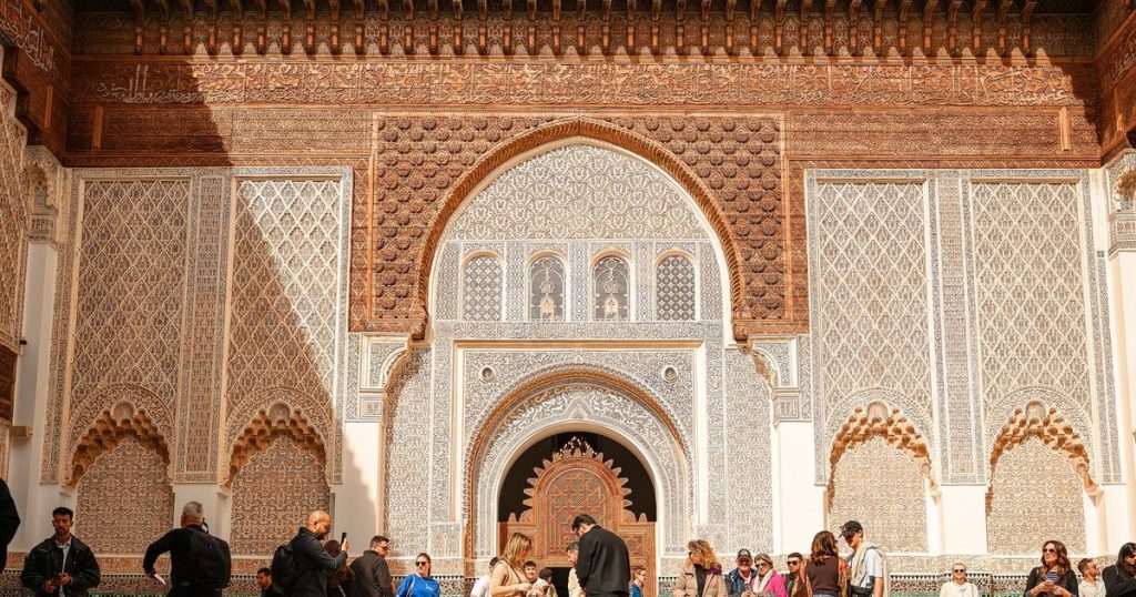 Visitors in front of the carved facade of the Ben Youssef Madrasa in Marrakech